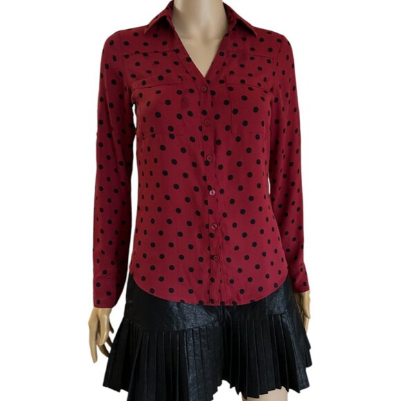 NWOT🛍 Express Women Button Down Long Sleeve RED POLKA DOT Work Office Shirt XXS - Picture 3 of 4